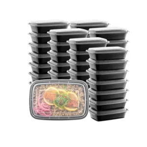 PLASTIC DISPOSABLE CONTAINER WITH LID 300ml BLACK (1x8)