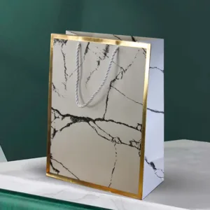 GIFT BAG 26x12x32cm MARBLE WHITE GOLD BORDER