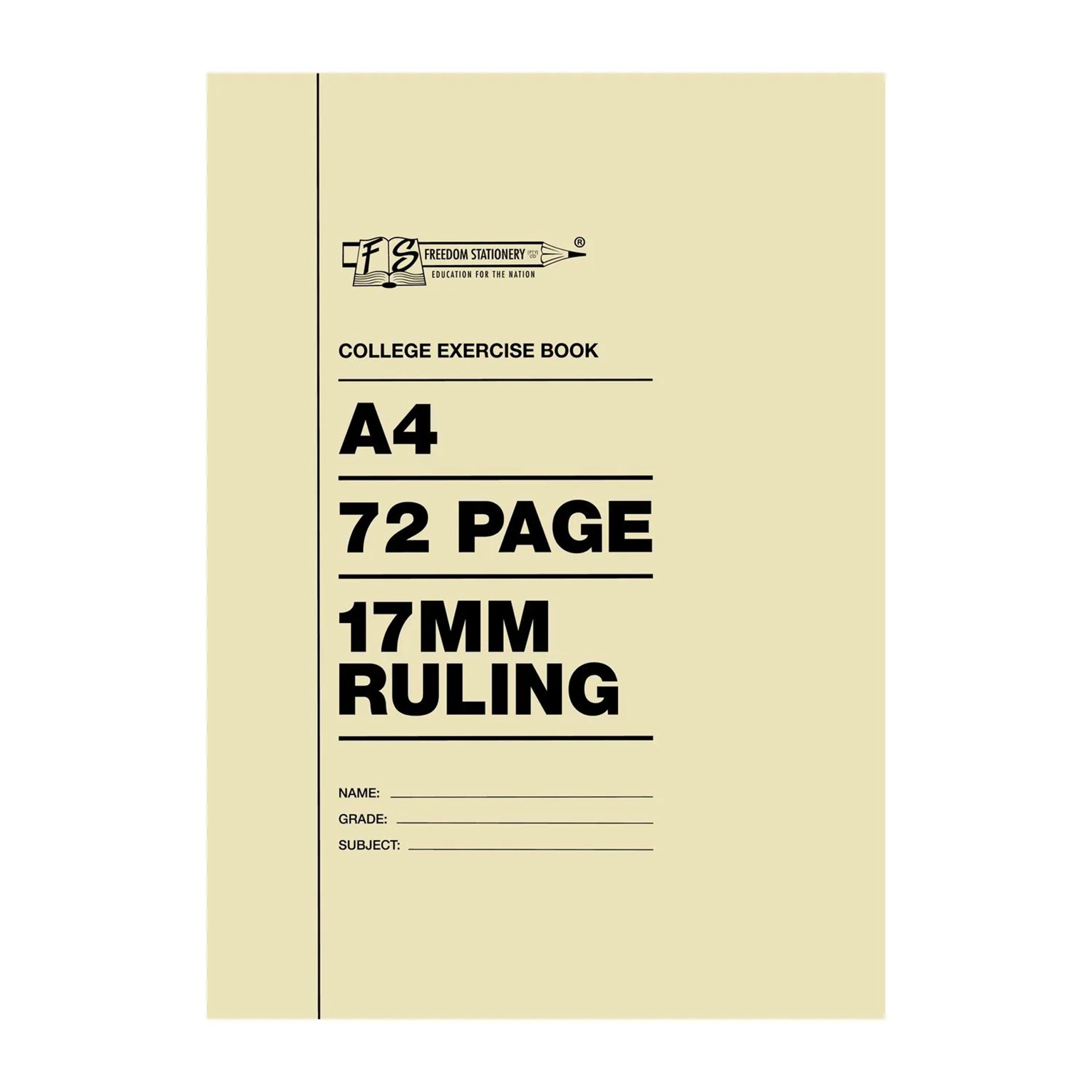 FREEDOM
STATIONERY A4
COLLEGE
EXERCISE BOOK
17mm RULING 72pg