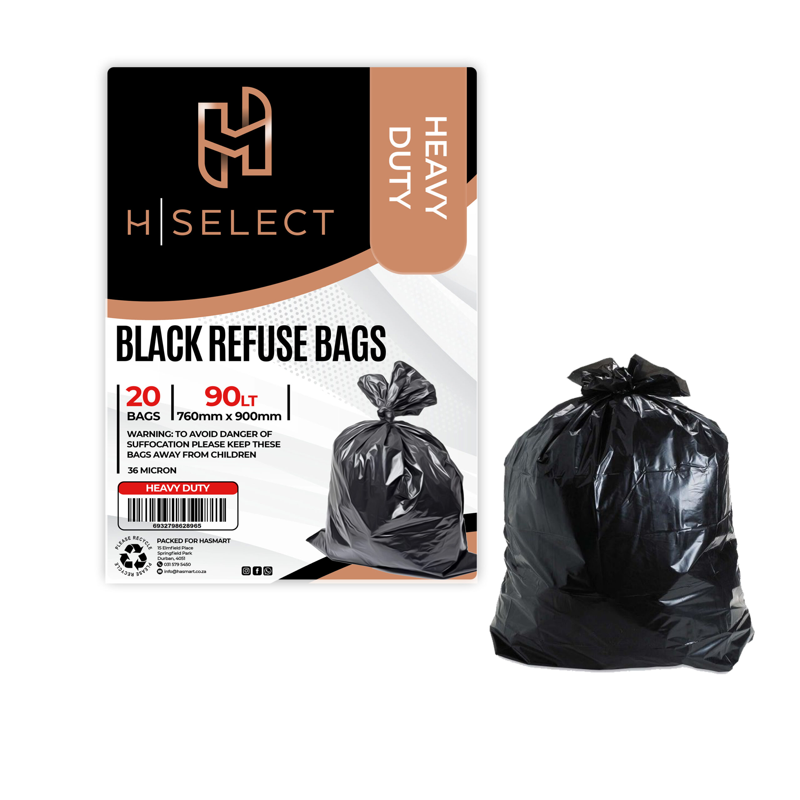 H-SELECT REFUSE BAGS BLACK 90lt BIN 760x900mm 36mic - 1x20