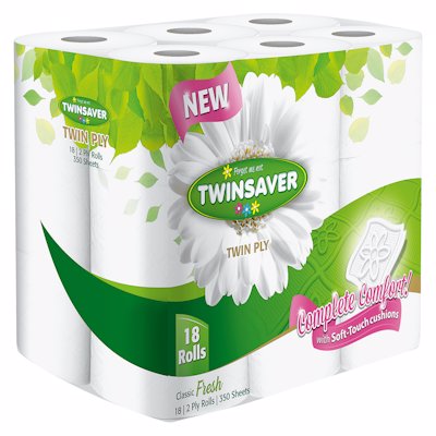 TWINSAVER TOILET ROLL WHITE 2 PLY 350 SHEETS 18's - Hasmart