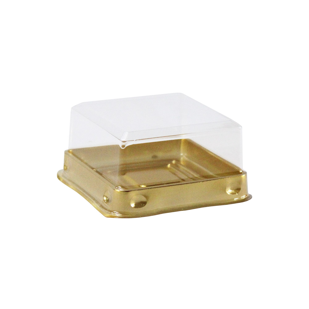 CAKE BOX SQUARE GOLD BASE 8cm & CLEAR LID (1x50)