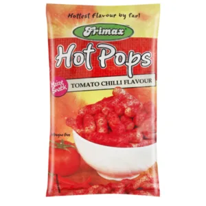 FRIMAX HOT POPS TOMATO CHILLI FLAVOURED MAIZE SNACK 100g