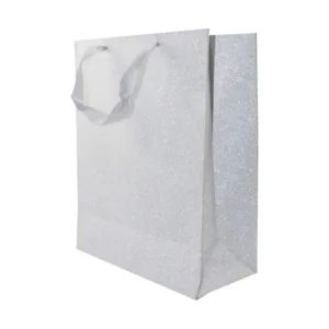 GIFT BAG MET. SILVER WITH SATIN HANDLE 26+12x32cm