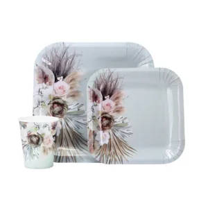 DISPOSABLE DINNER SET 60PC (2304) GREEN FLORAL DESIGN (TBD)