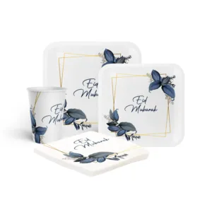 DISPOSABLE DINNER SET EID MUBARAK DESIGN BLUE LEAF 80PC