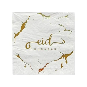 SERVIETTE EID MUBARAK GOLD & WHITE MARBLE PRINT (1x20) (TBD)