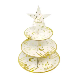 EID MUBARAK ROUND CUPCAKE STAND WHITE & GOLD 42x30x24cm
