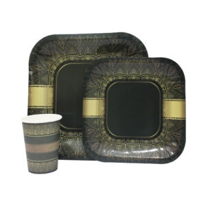 DISPOSABLE DINNER SET 60PC BLACK & GOLD TRIBAL (L)