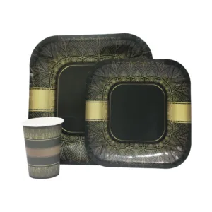DISPOSABLE DINNER SET 60PC BLACK & GOLD TRIBAL (L)