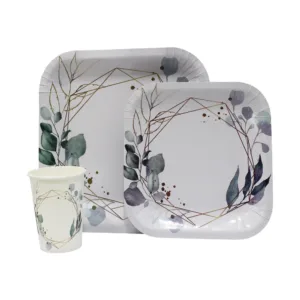 DISPOSABLE DINNER SET 60PC WHITE & GOLD GEO (P)