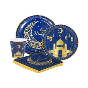 DISPOSABLE DINNER SET 64PC EID MUBARAK BLUE DESIGN
