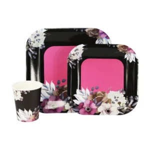 DISPOSABLE DINNER SET 60PC BLACK / PINK FLOWER DESIGN (21)