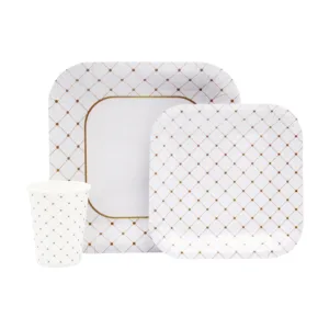 DISPOSABLE DINNER SET 60PC WHITE AND GOLD TRELLIS (505)