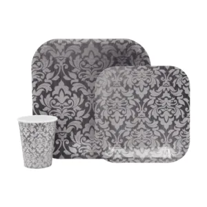 DISPOSABLE DINNER SET 60PC GREY DAMASK (508)