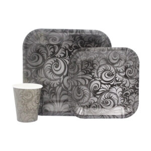 DISPOSABLE DINNER SET 60PC BLACK DAMASK SWIRL (512)