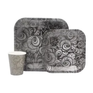 DISPOSABLE DINNER SET 60PC BLACK DAMASK SWIRL (512)