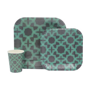 DISPOSABLE DINNER SET 60PC GREEN GEOMETRIC (514)