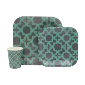 DISPOSABLE DINNER SET 60PC GREEN GEOMETRIC (514)