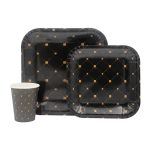 DISPOSABLE DINNER SET 60PC BLACK AND GOLD QUILTED (517)